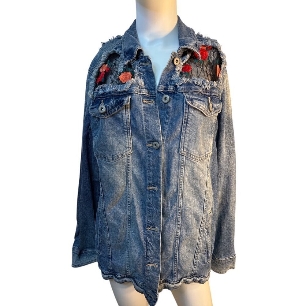 Arizona Jean Co Distressed Denim Jacket Floral Embroidered Lace Inserts Med EUC